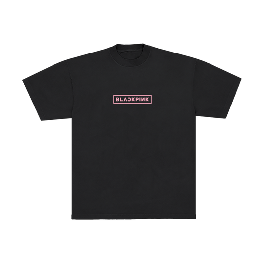 The front of a Black t-shirt with 'BLACKPINK' pink logo.