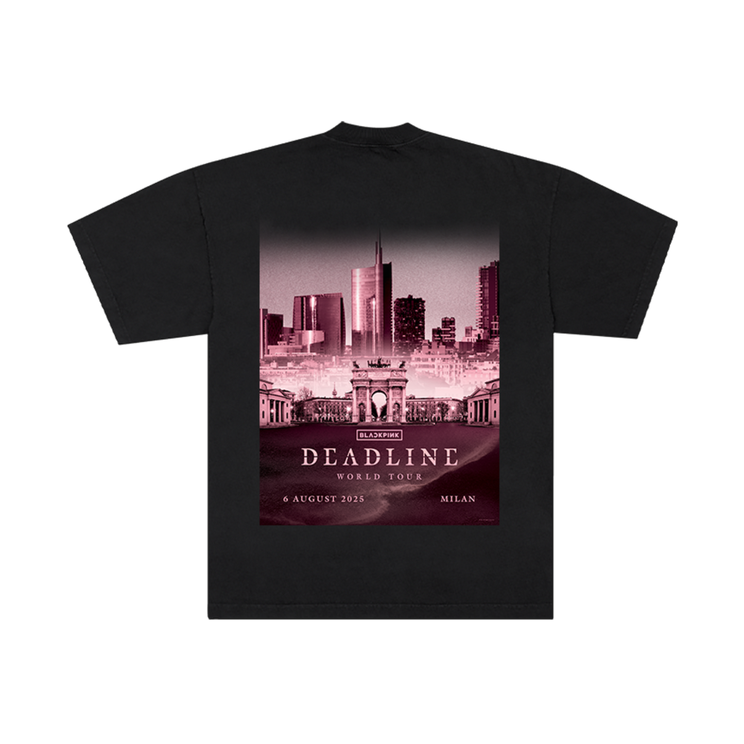 Black t-shirt with a cityscape graphic of Milan on the back and text on a white background