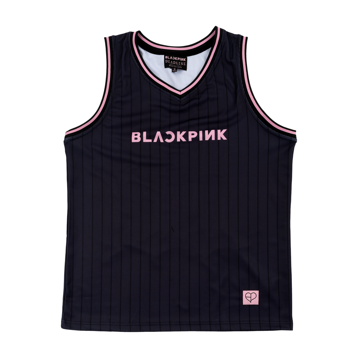 The front of a Black Jersey tank top with pink text that has "BLACKPINK" on the front with the C and N backwards.