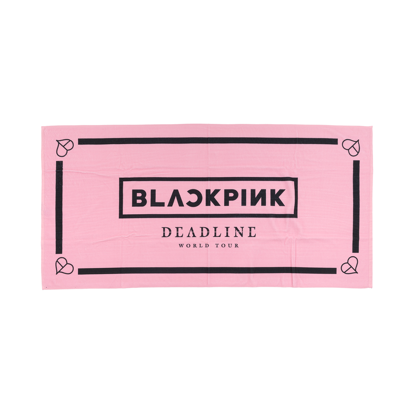 Pink towel with BlackPink logo and "Deadline world tour" text.