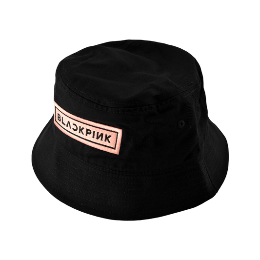 A side view of the Black bucket hat with 'BLACKPINK' logo with the text in white and the background in pink.
