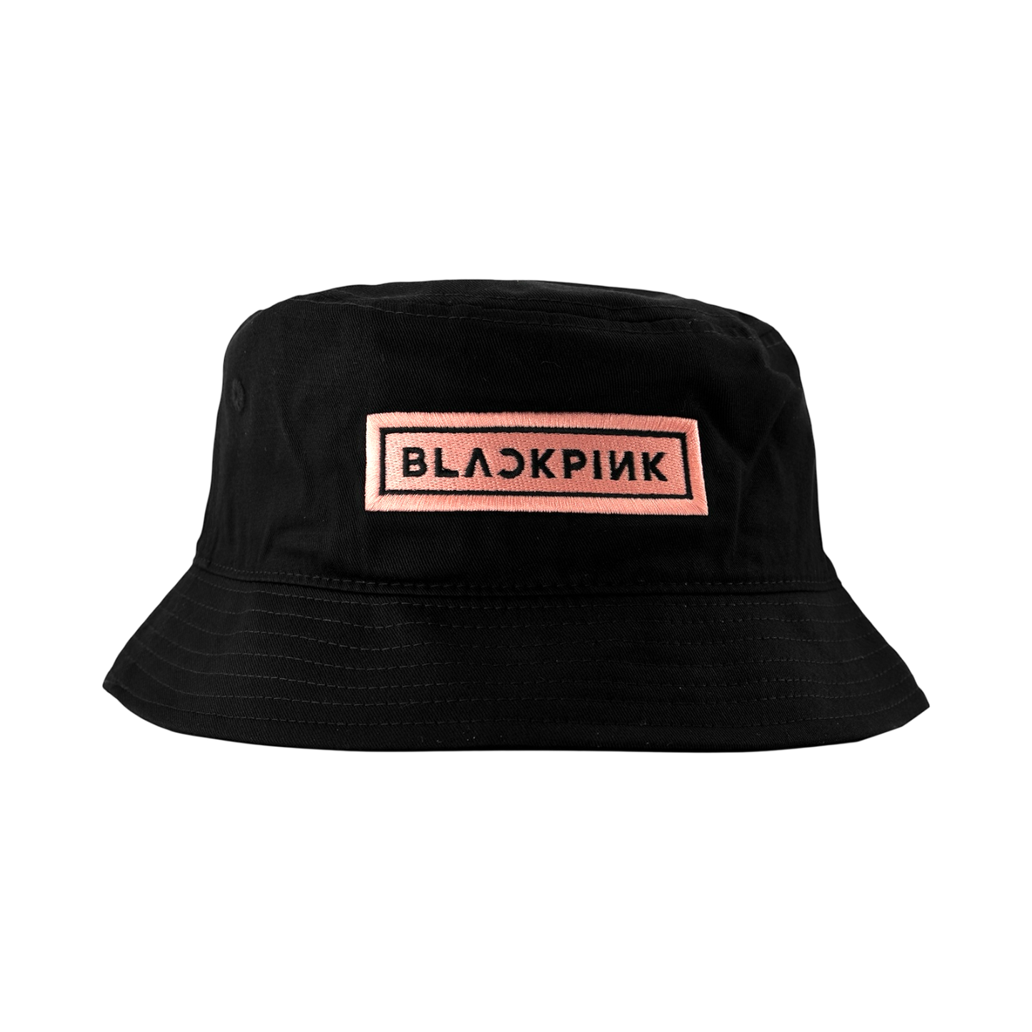 Black bucket hat with 'BLACKPINK' logo with the text in white and the background in pink.