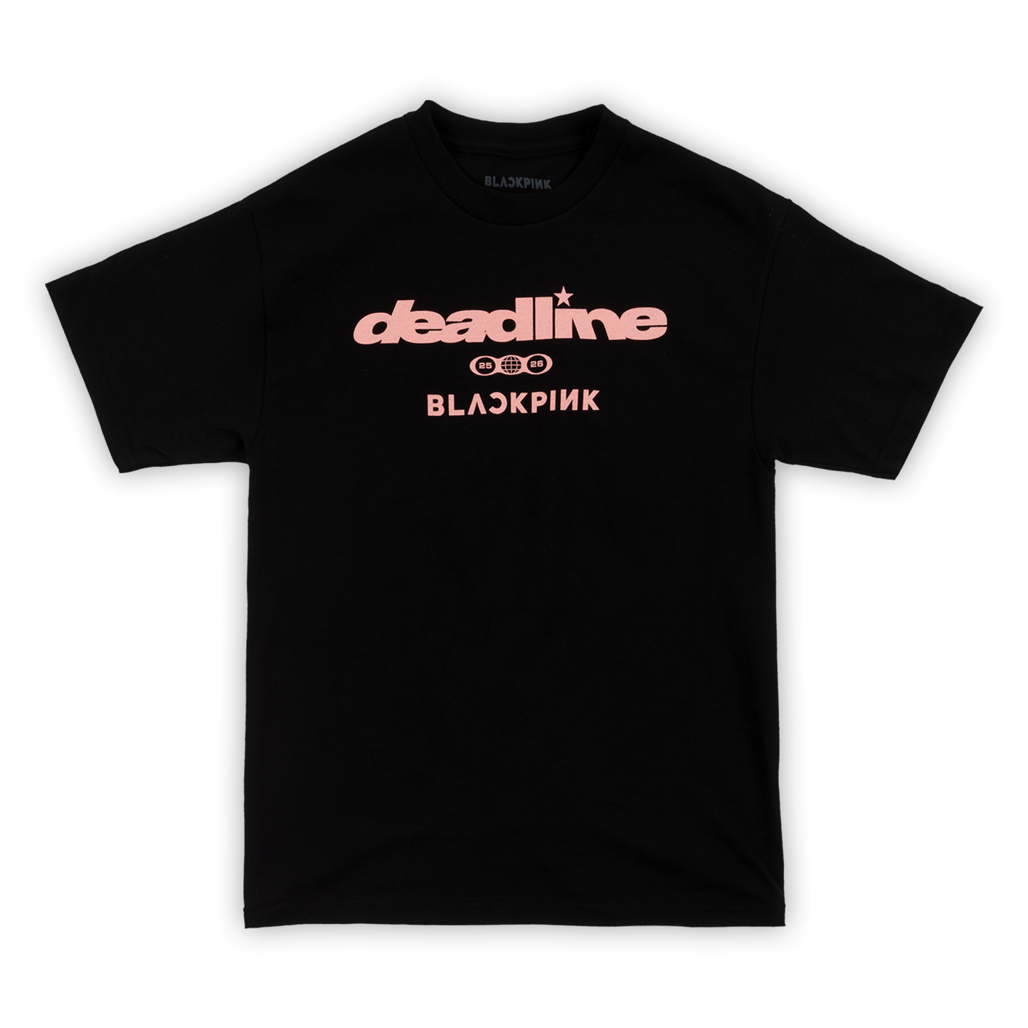 Black t-shirt with pink 'deadline' and 'BLACKPINK' on the front.