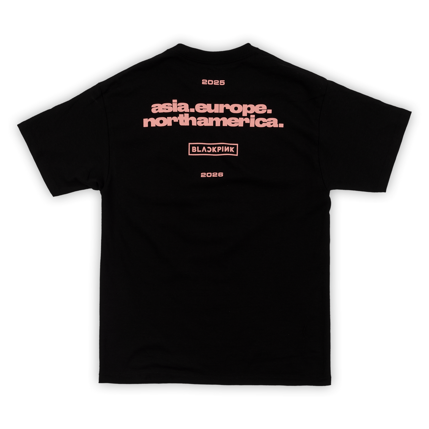 Black t-shirt with pink text on a black background listening out the continents that the tour is going to be on.