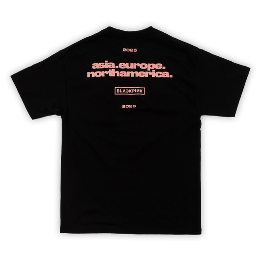 Black t-shirt with pink text on a black background listening out the continents  that the tour is going to be on.