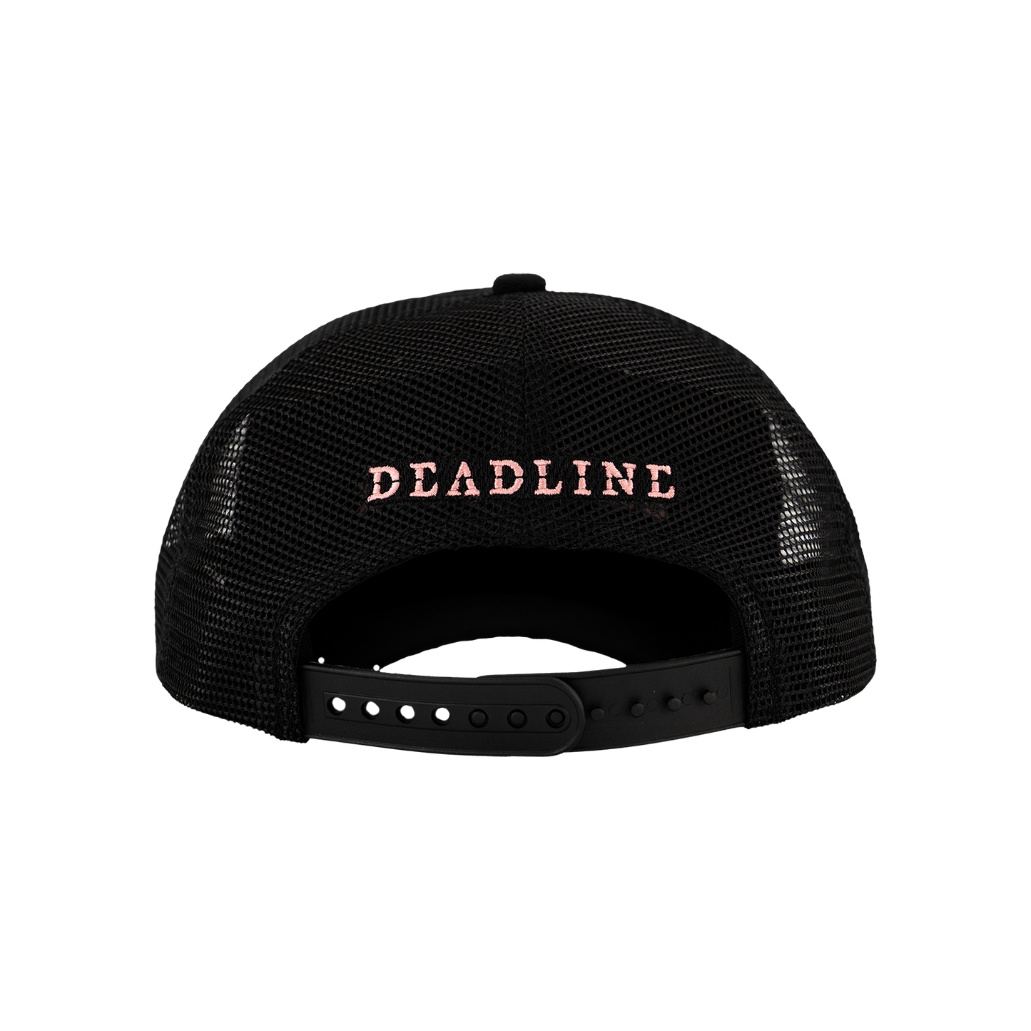 The back profile of a Black mesh cap trucker hat with the "DEADLINE" text on the back in Pink letters.