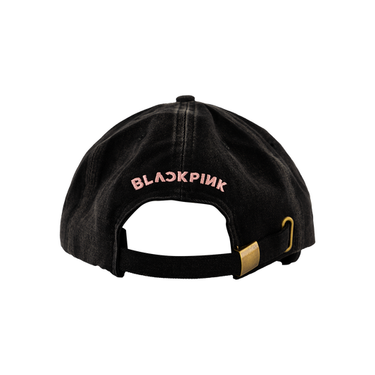 The back of a Black cap with 'BLACKPINK' Pink logo