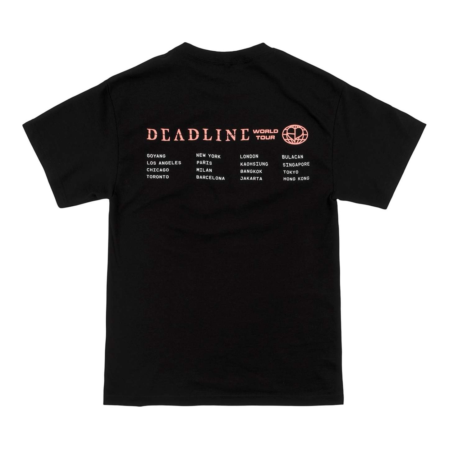 Black t-shirt with 'Deadline World Tour' text on the back with the list of the cities on the tour in white.