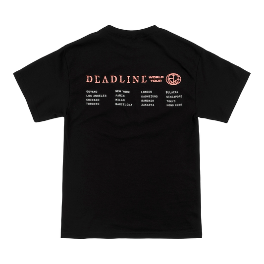 Black t-shirt with 'Deadline World Tour' text on the back with the list of the cities on the tour in white.