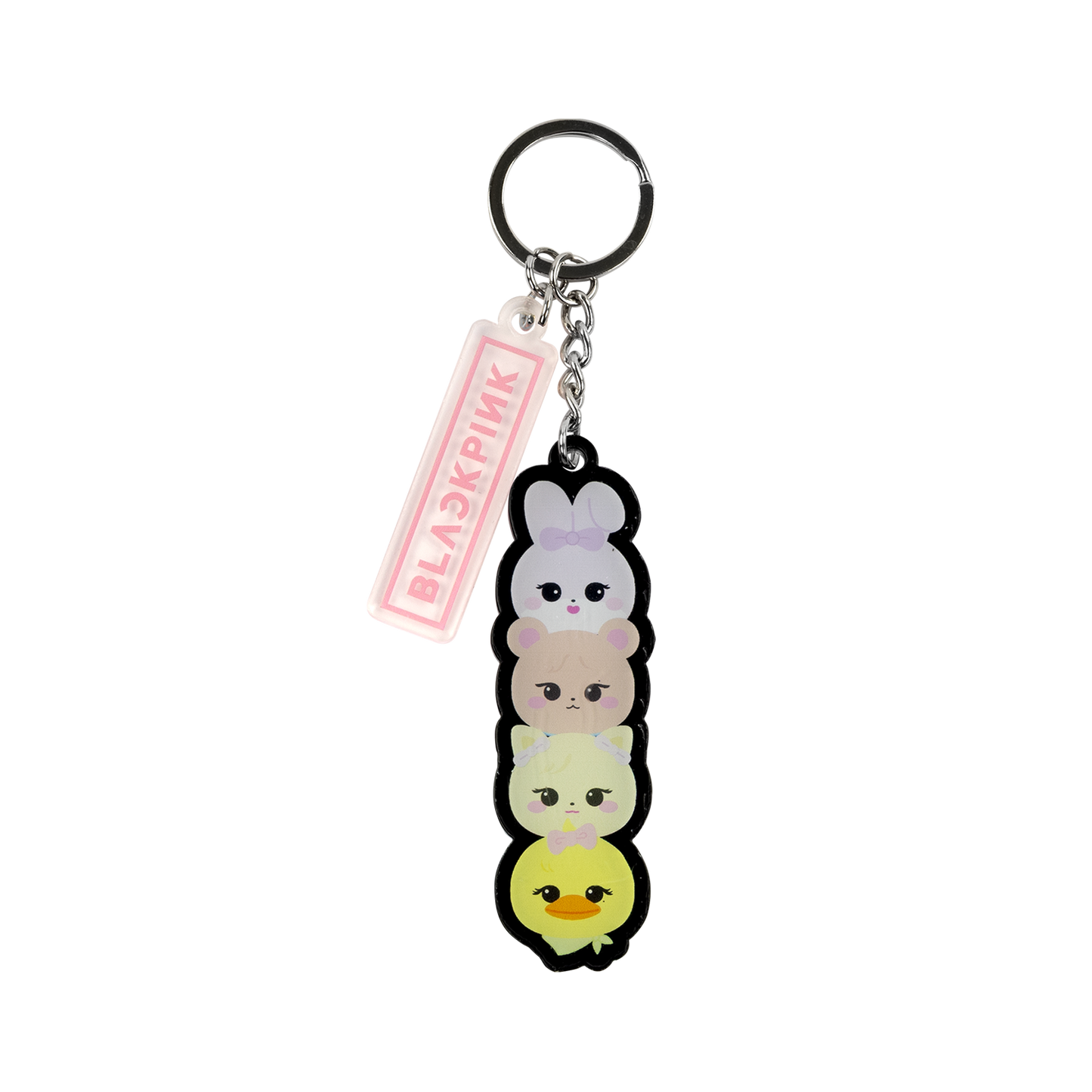 Acrylic Keychain with cartoon characters and a 'BLACKPINK' tag in Pink on a white background