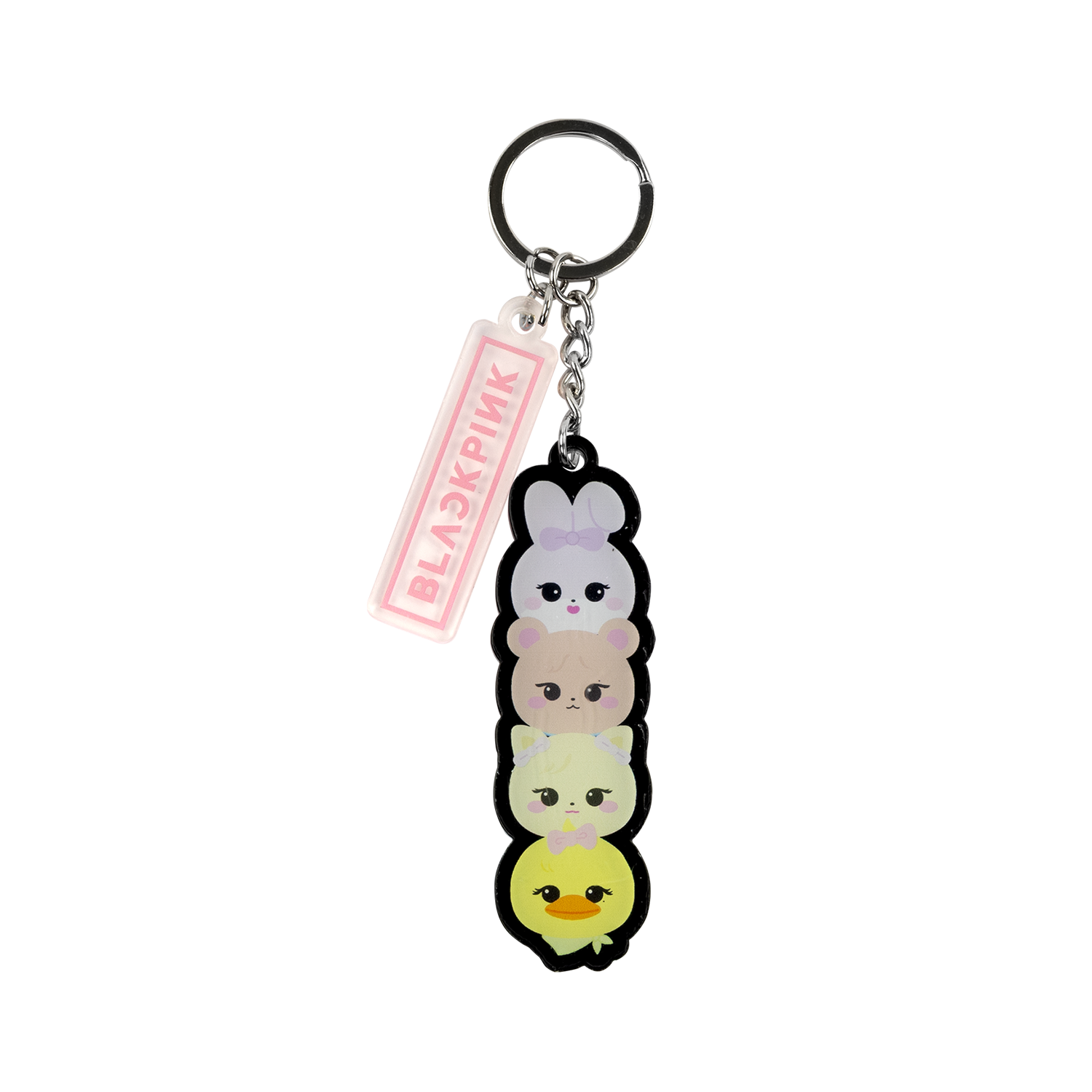 Acrylic Keychain with cartoon characters and a 'BLACKPINK' tag in Pink on a white background