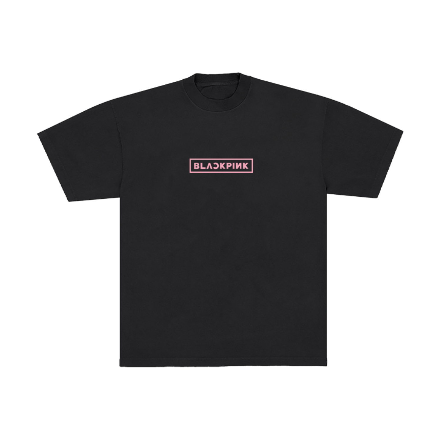 The front of a Black t-shirt with 'BLACKPINK' pink logo.