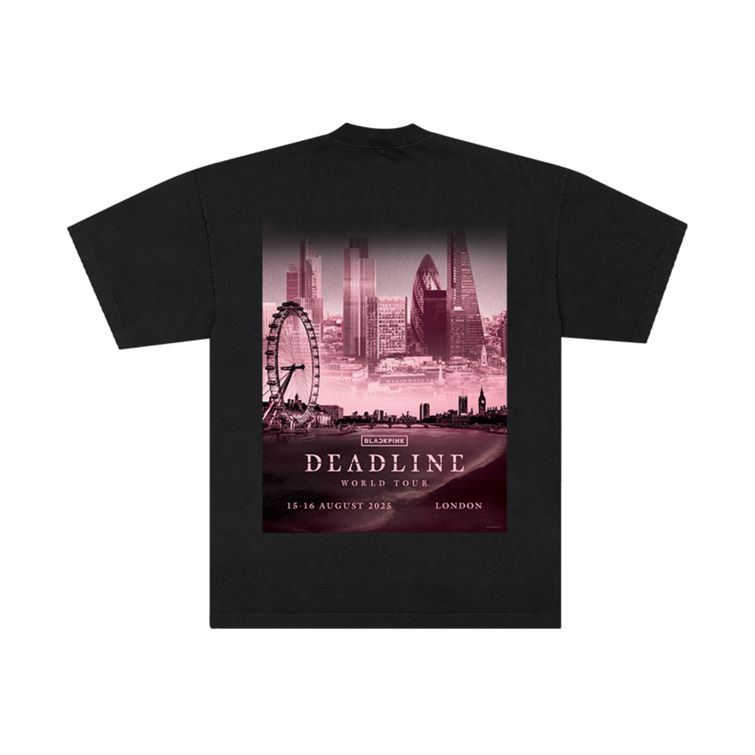 The back of a Black t-shirt with a pink cityscape graphic of London and 'Deadline' text over the graphic. 
