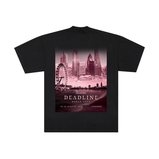 The back of a Black t-shirt with a pink cityscape graphic of London and 'Deadline' text over the graphic. 