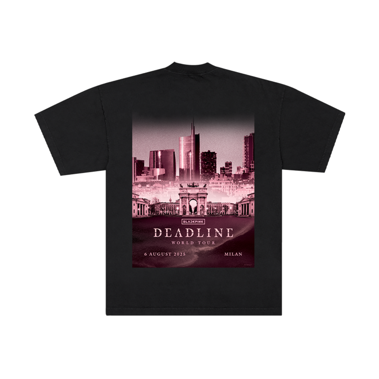 Black t-shirt with a cityscape graphic of Milan on the back and text on a white background