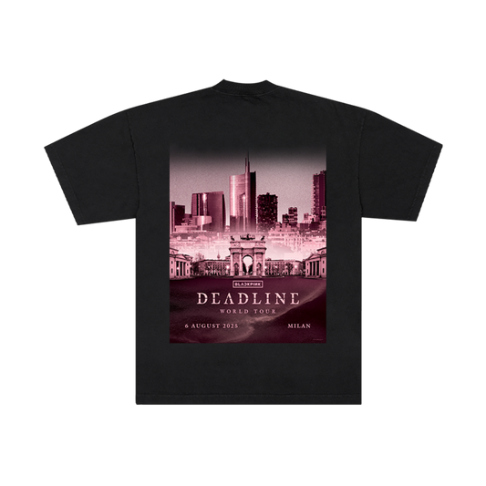 Black t-shirt with a cityscape graphic of Milan on the back and text on a white background