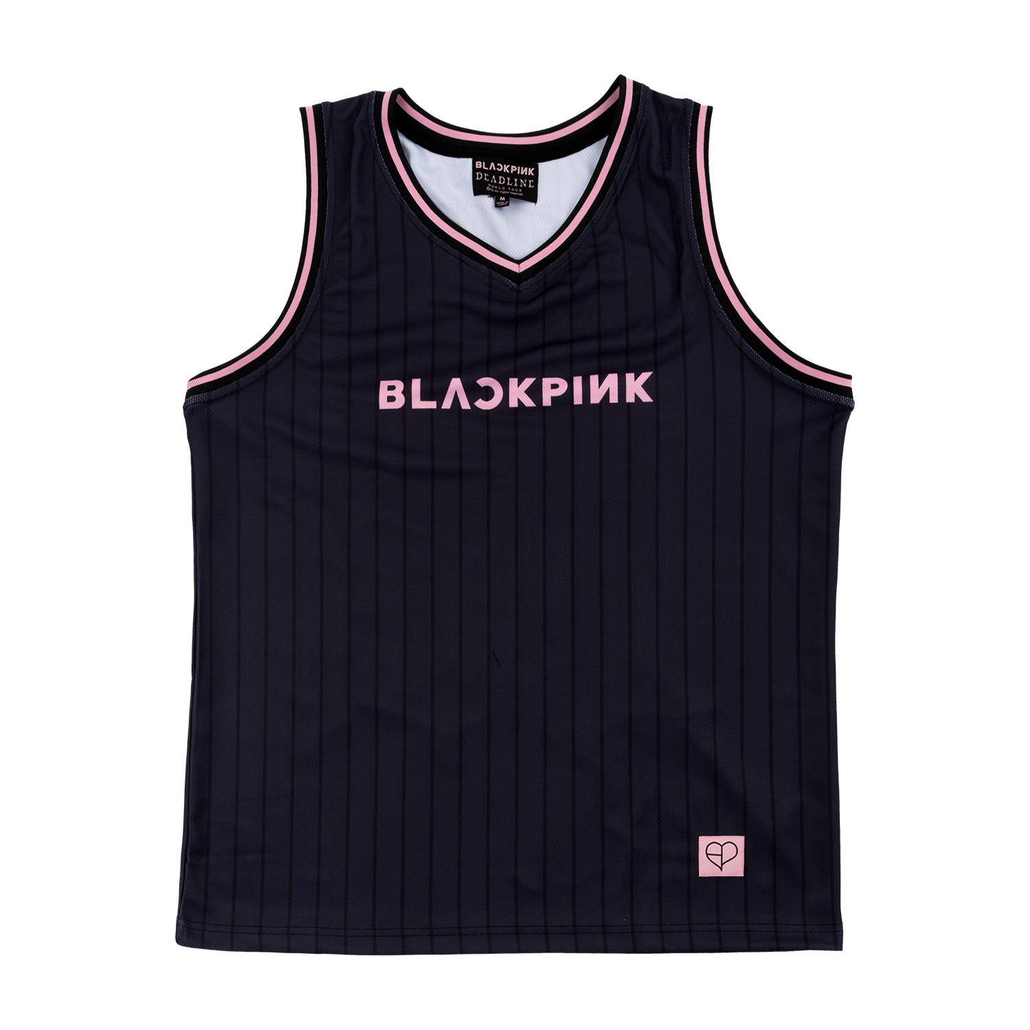 The front of a Black Jersey tank top with pink text that has "BLACKPINK" on the front with the C and N backwards. 