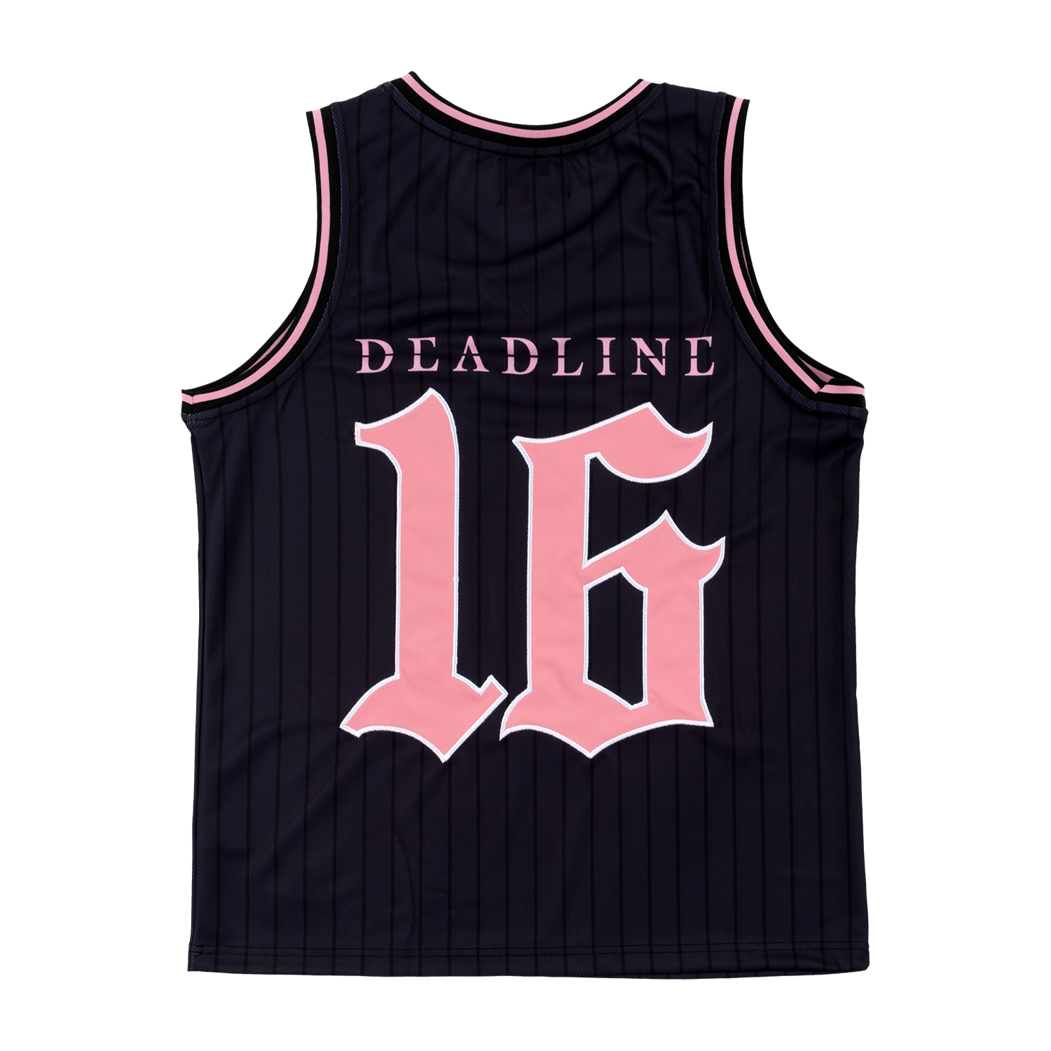 The back of a Black Jersey tank top with pink text and lettering with "Deadline" on top and on the bottom a "16" in pink with a white outline. 