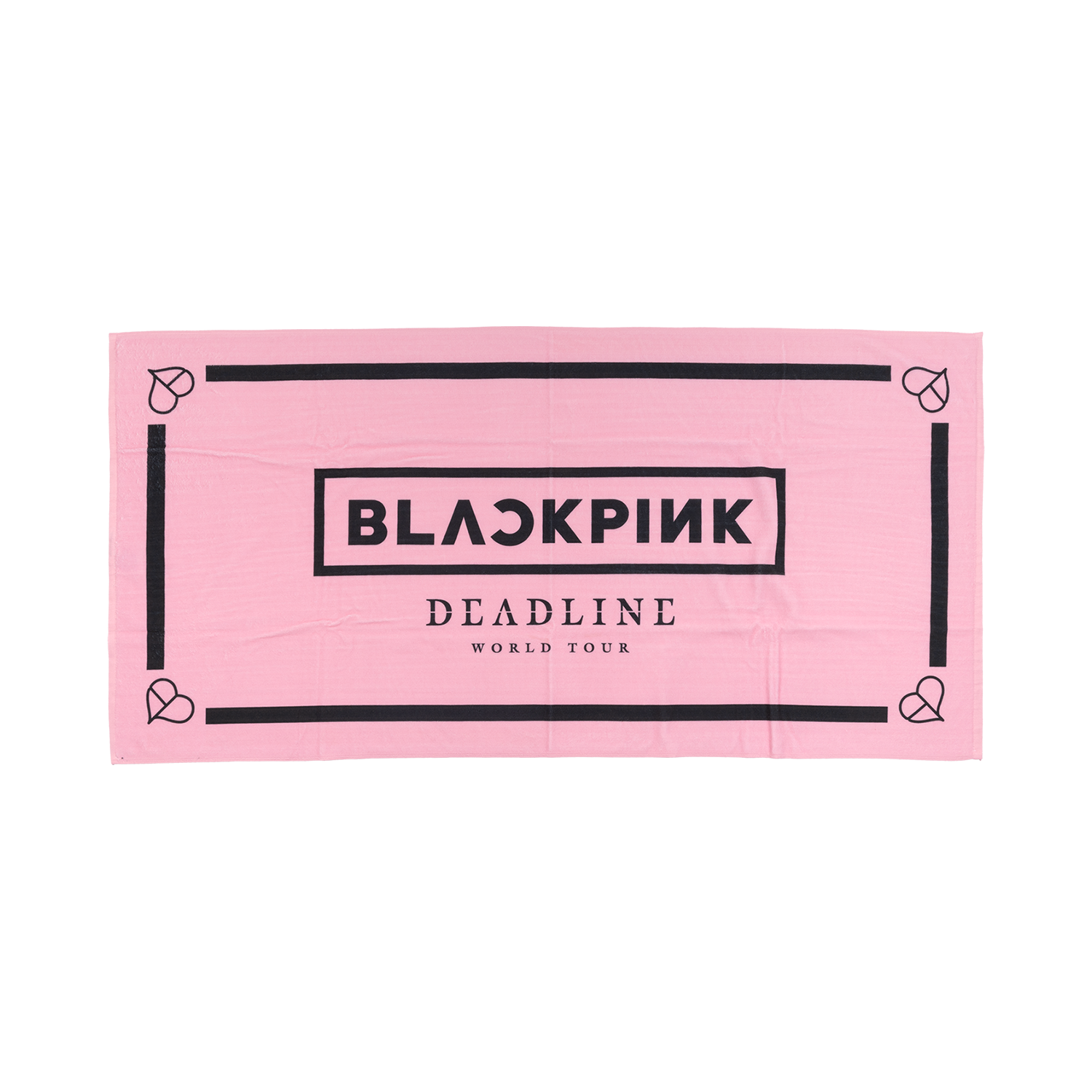 Pink towel with BlackPink logo and "Deadline world tour" text. 