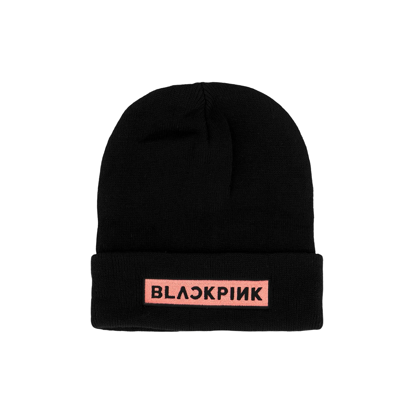 Black beanie with 'BLACKPINK' logo with the text in black surrounded by a pink rectangle. 