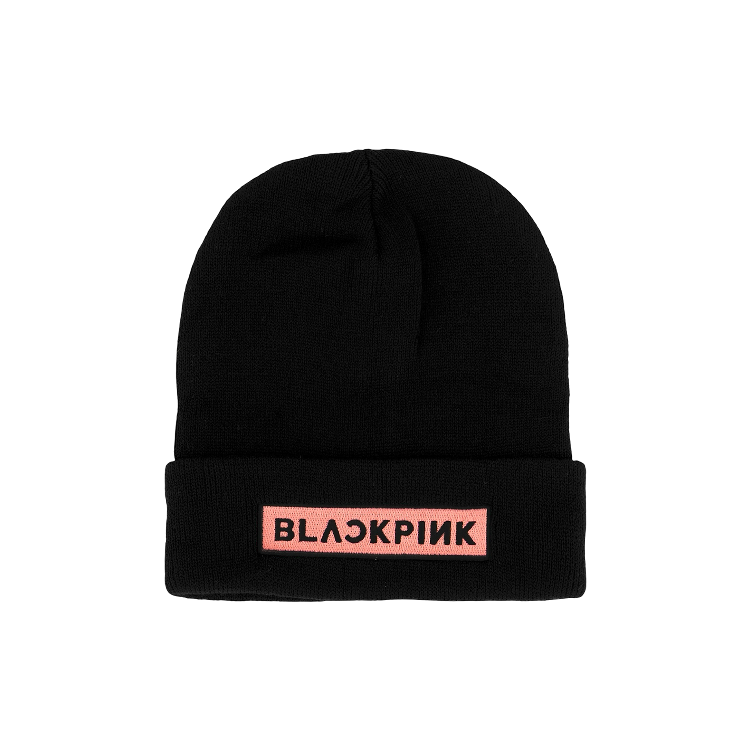 Black beanie with 'BLACKPINK' logo with the text in black surrounded by a pink rectangle. 