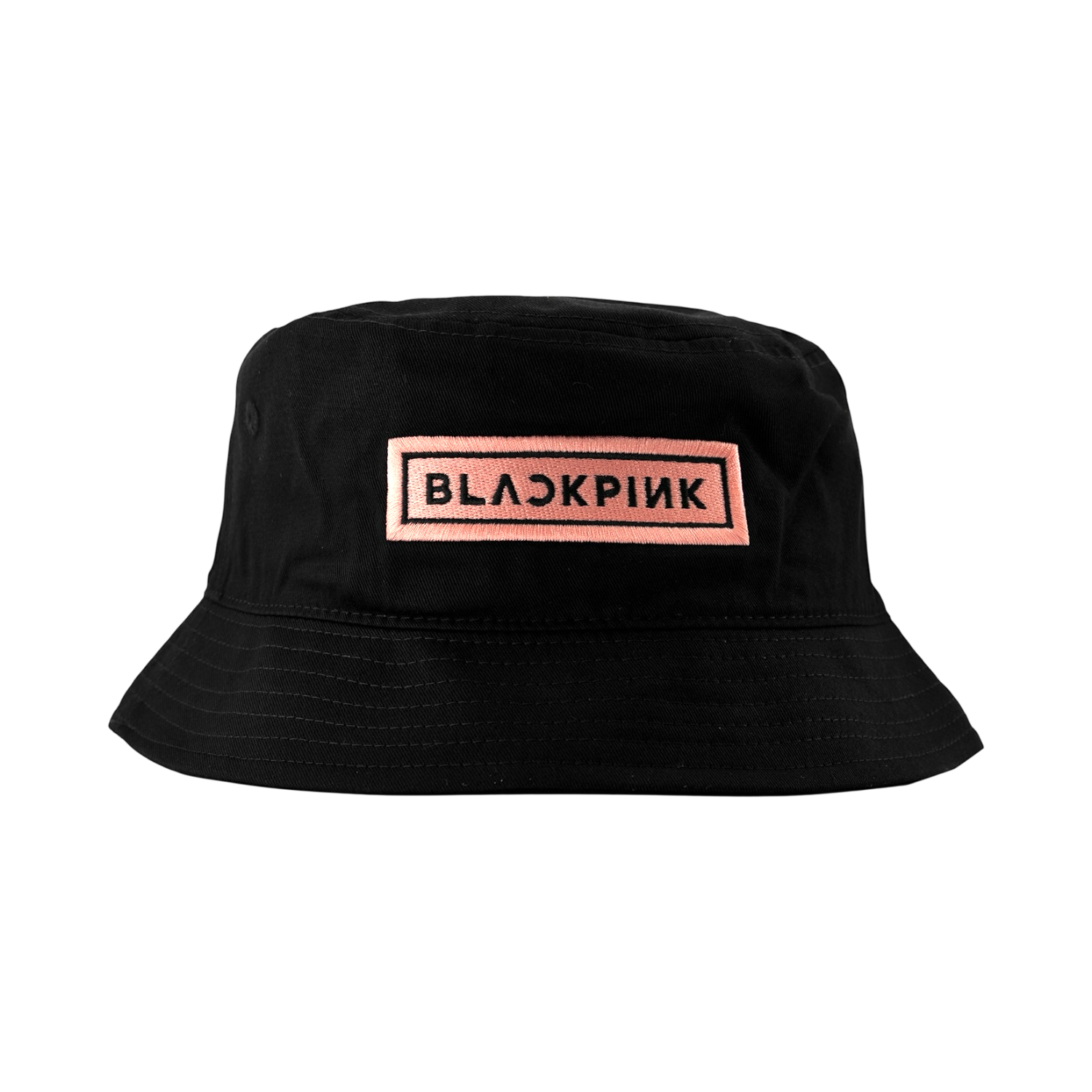 Black bucket hat with 'BLACKPINK' logo with the text in white and the background in pink.