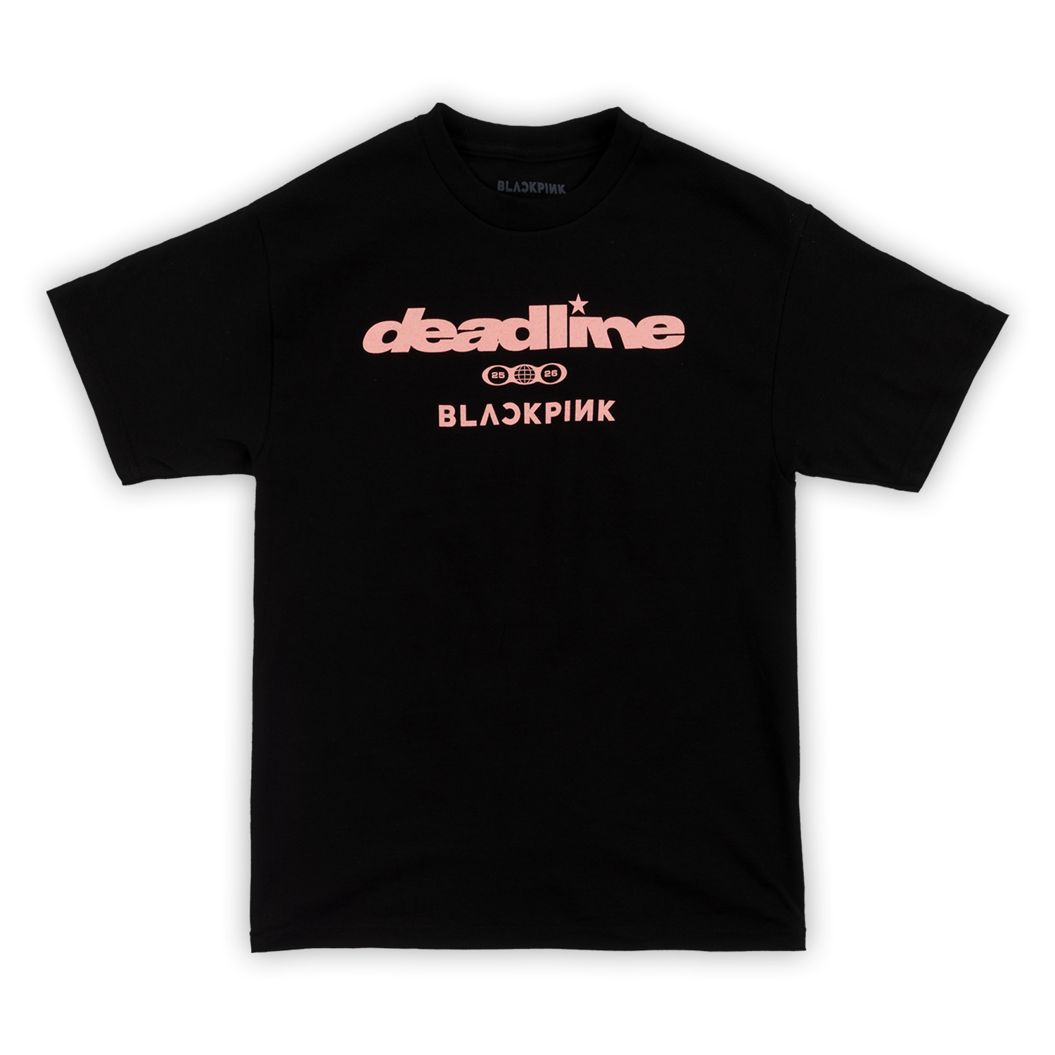 Black t-shirt with pink 'deadline' and 'BLACKPINK' on the front. 