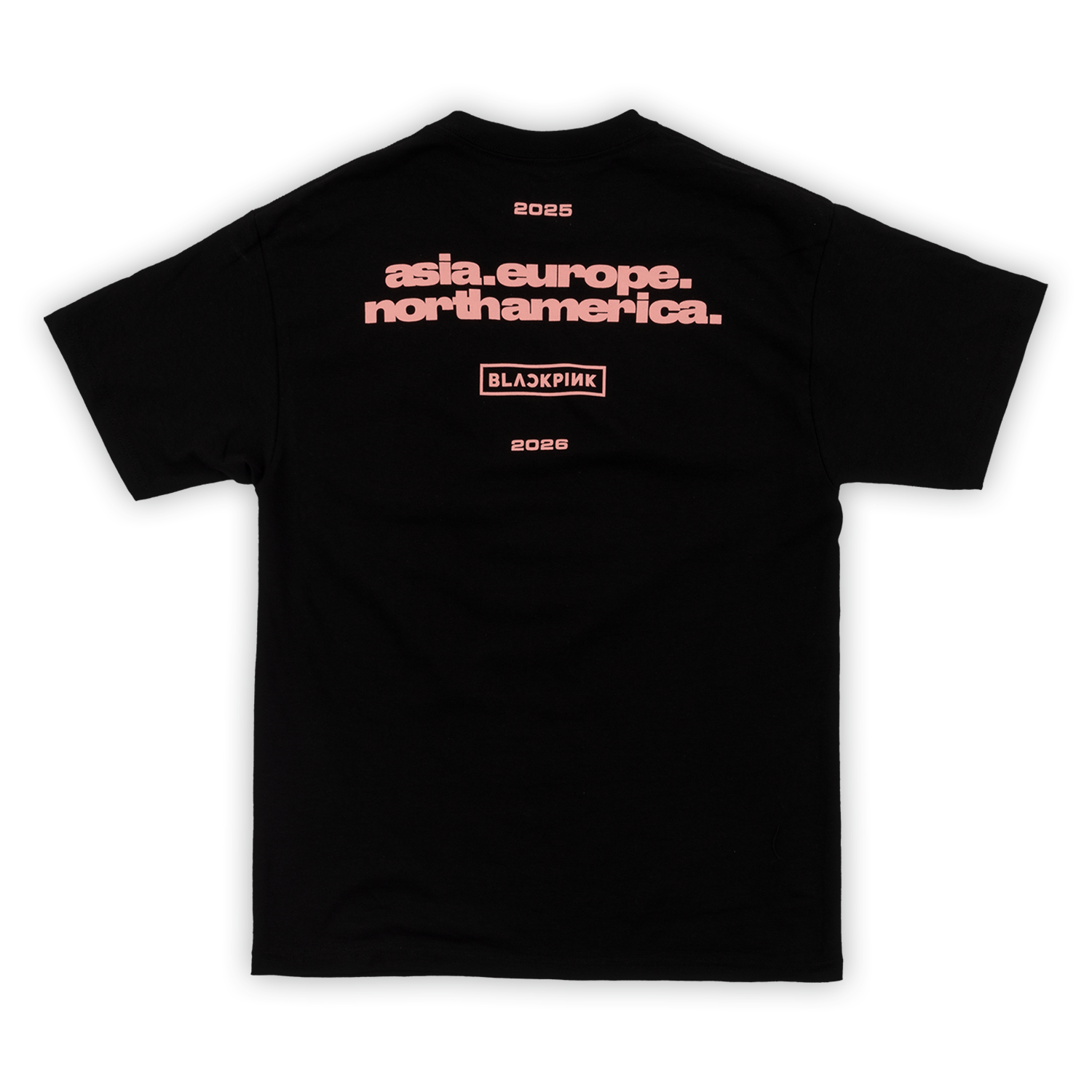 Black t-shirt with pink text on a black background listening out the continents  that the tour is going to be on. 