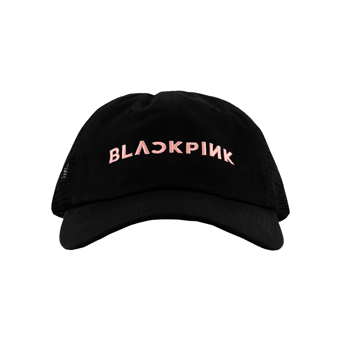 The front of a Black mesh cap trucker hat with the "BlackPink" text on the front in Pink letters. 