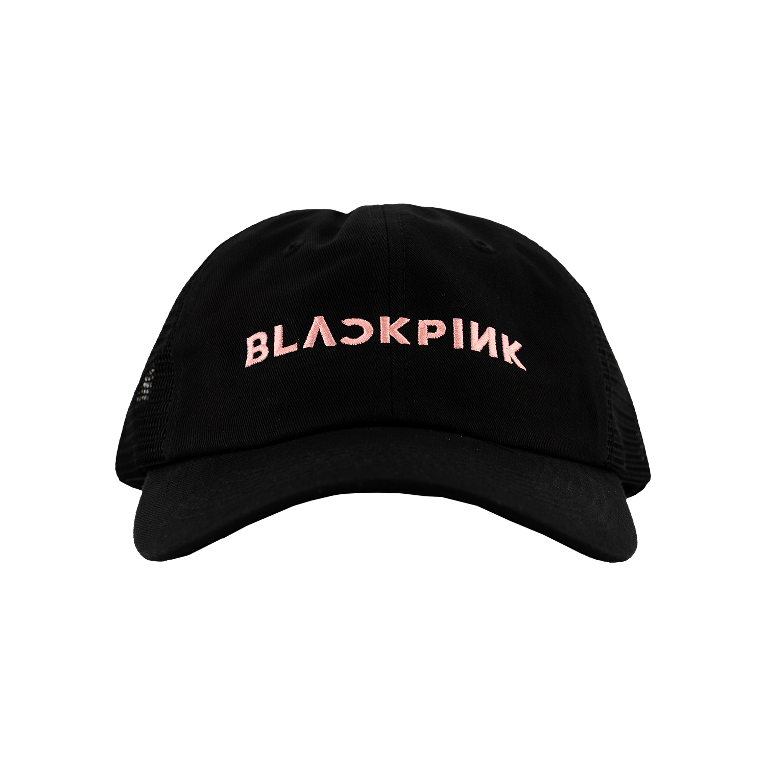 The front of a Black mesh cap trucker hat with the "BlackPink" text on the front in Pink letters. 