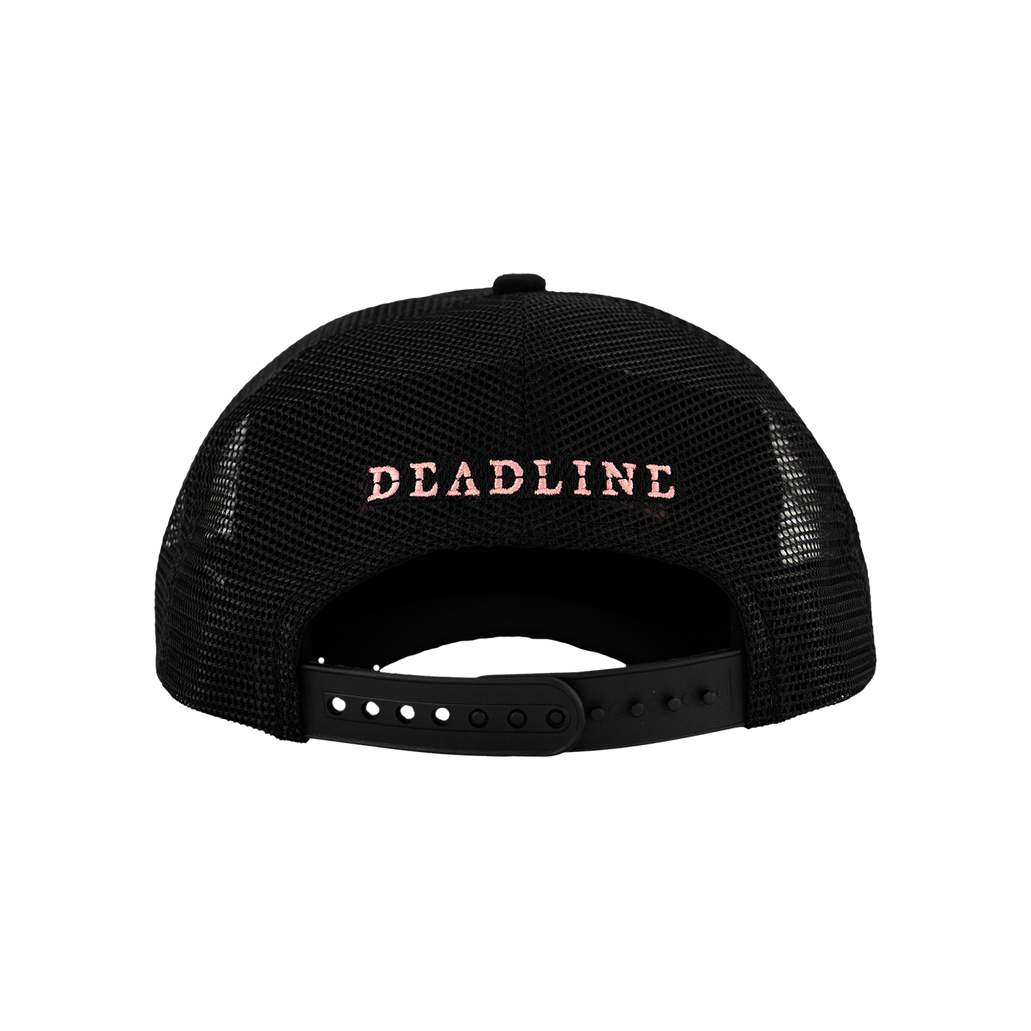 The back profile of a Black mesh cap trucker hat with the "DEADLINE" text on the back in Pink letters. 