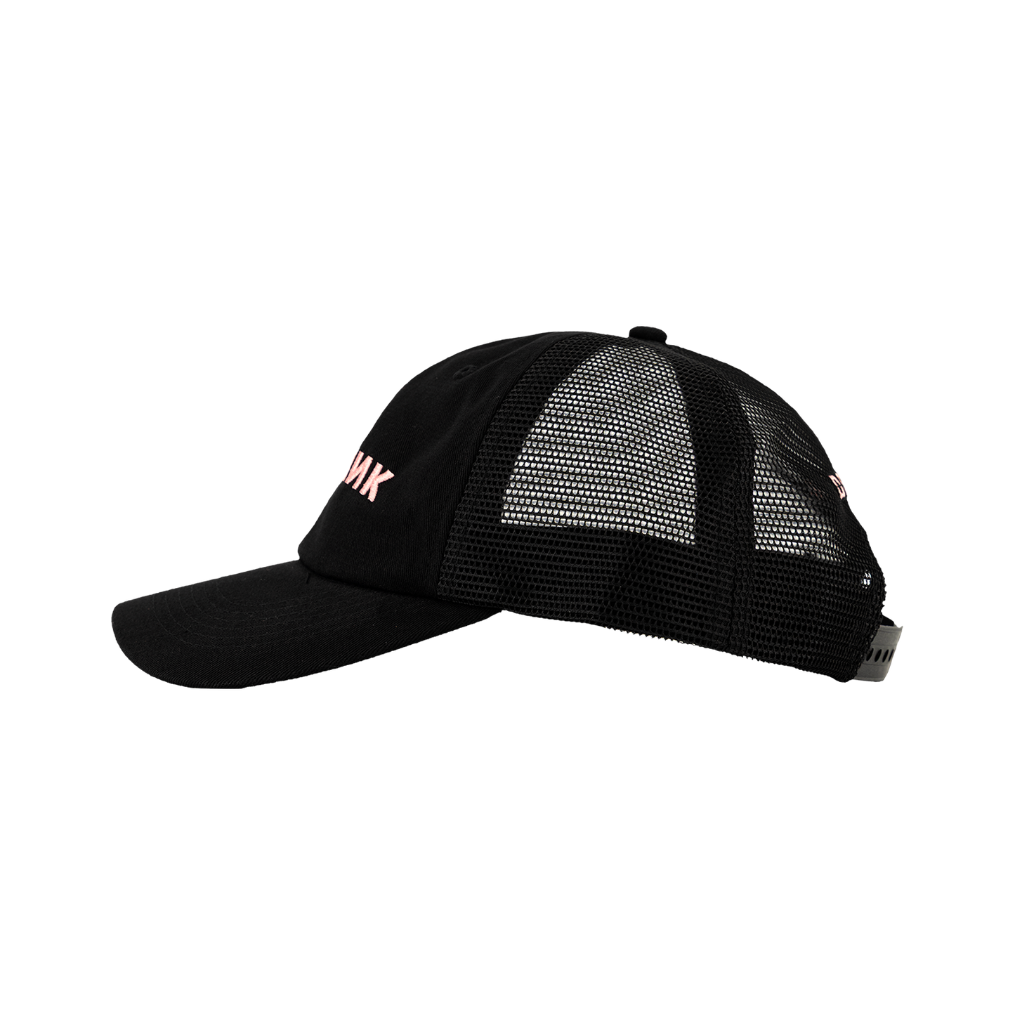 The side profile of a Black mesh cap trucker hat with the "BlackPink" text on the front in Pink letters. 