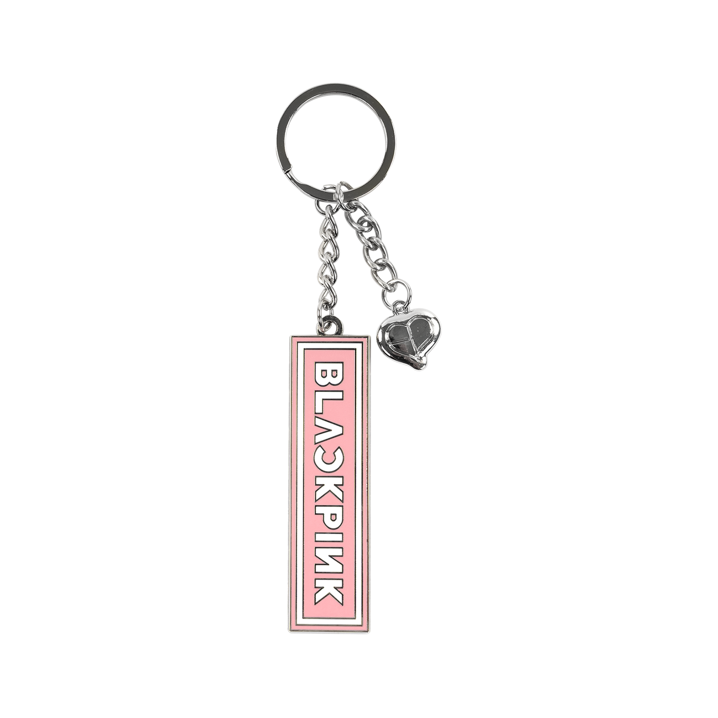 Keychain with 'BLACKPINK' branding in white on a pink rectangular tag with a heart charm.