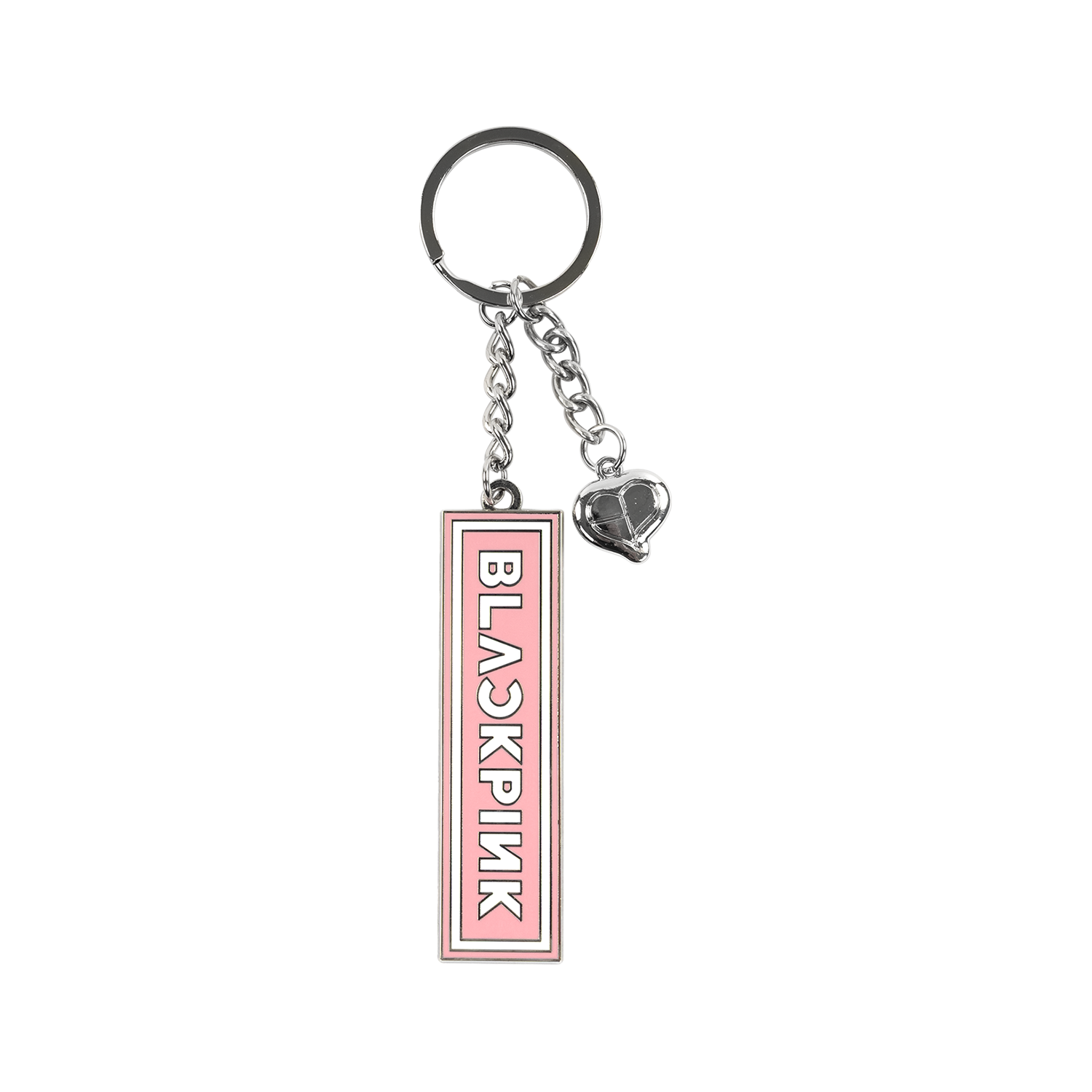 Keychain with 'BLACKPINK' branding in white on a pink rectangular tag with a heart charm.