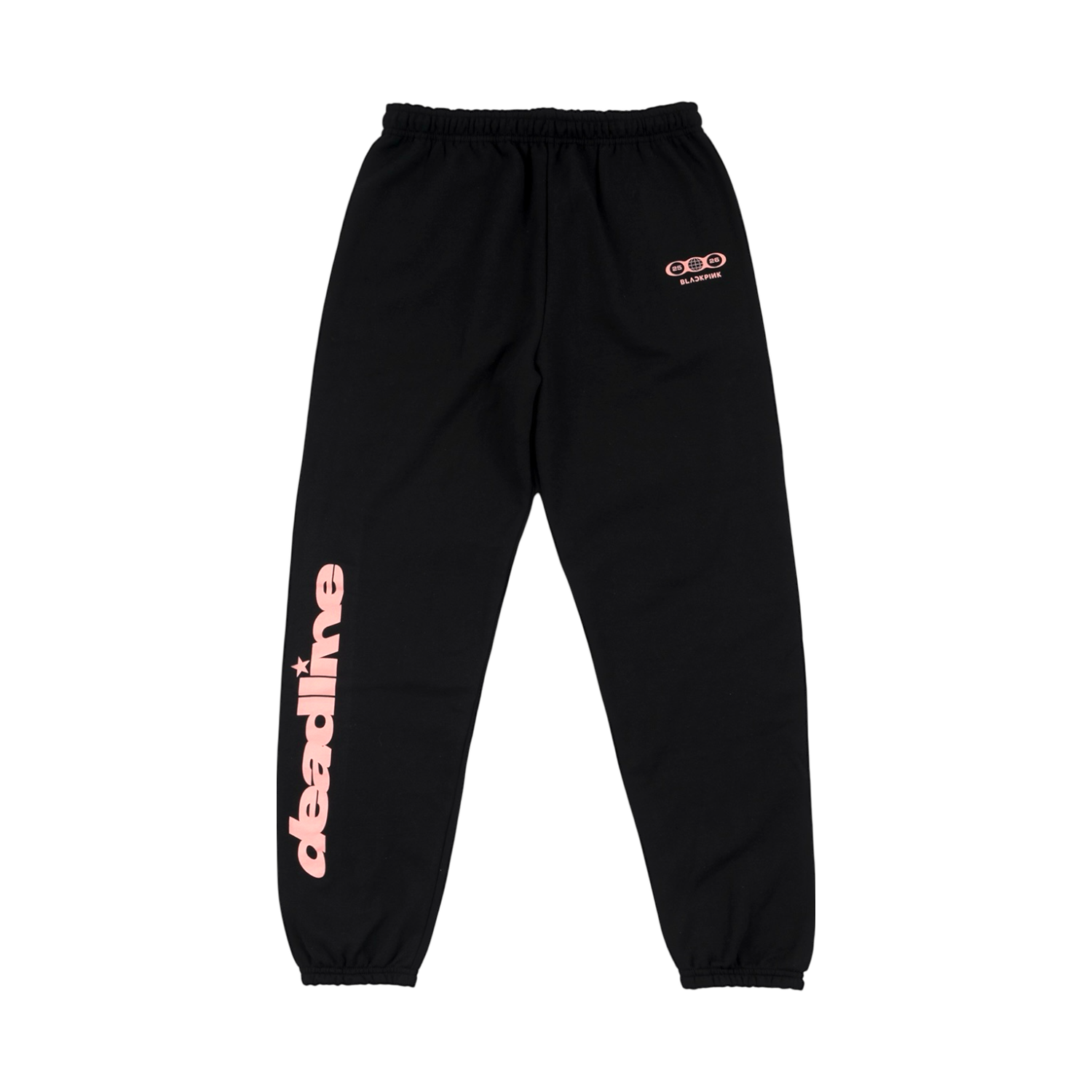 Black sweatpants with pink "deadline" text on the right leg and a small logo on the top leg with a small black pink logo.  