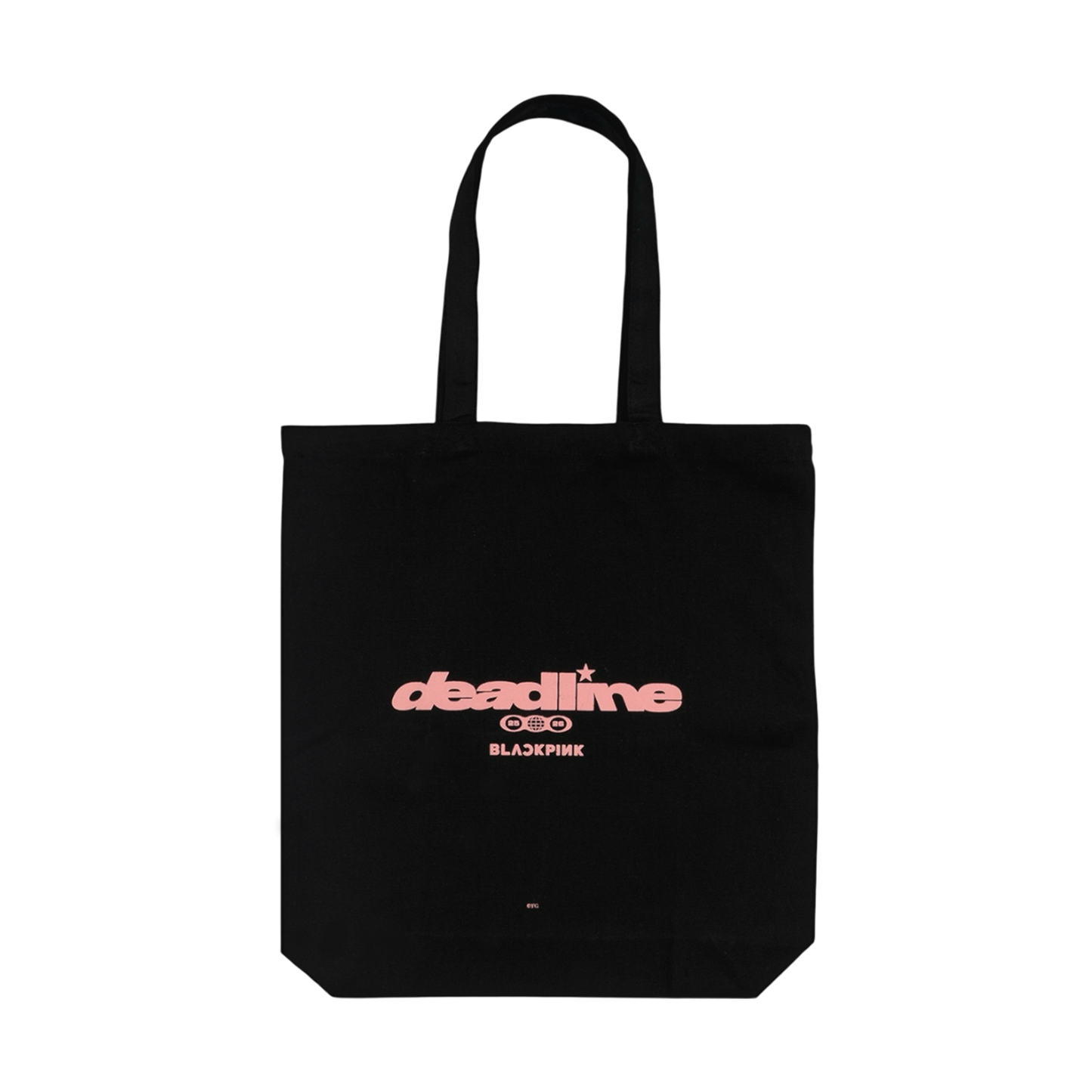 Black tote bag with pink deadline text, a small logo, and a BlackPink text. 