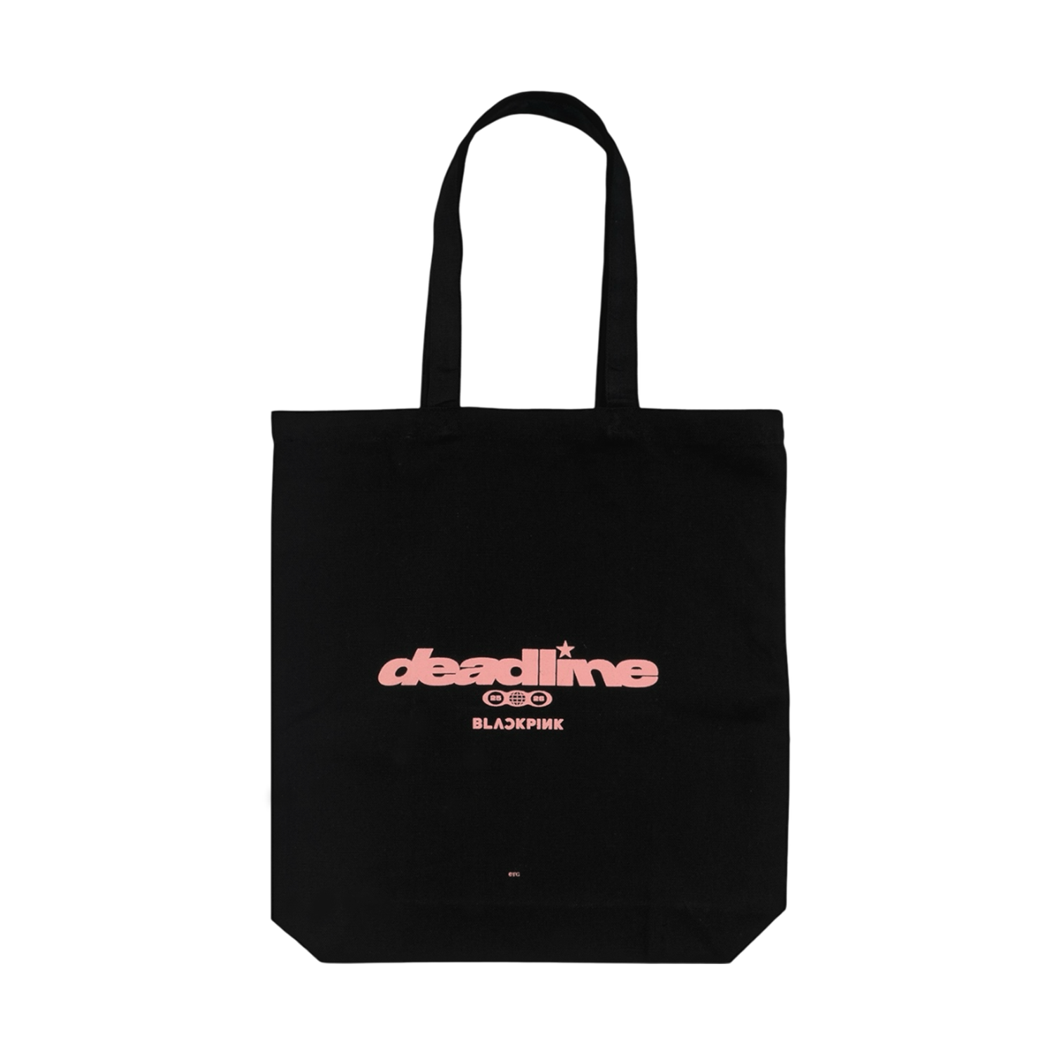 Black tote bag with pink deadline text, a small logo, and a BlackPink text. 