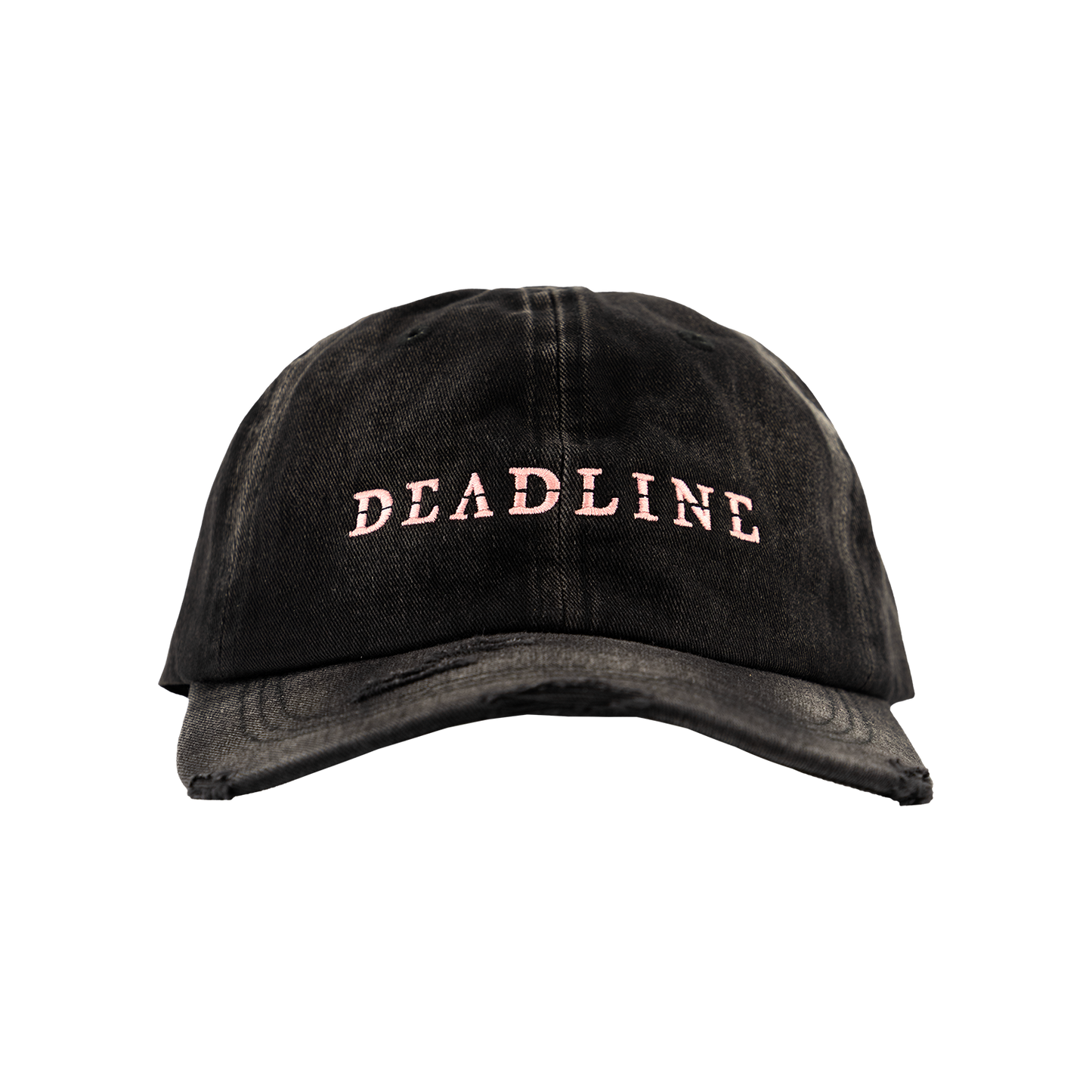 The front of a Black Washed and Distressed cap with 'DEADLINE' embroidered. 