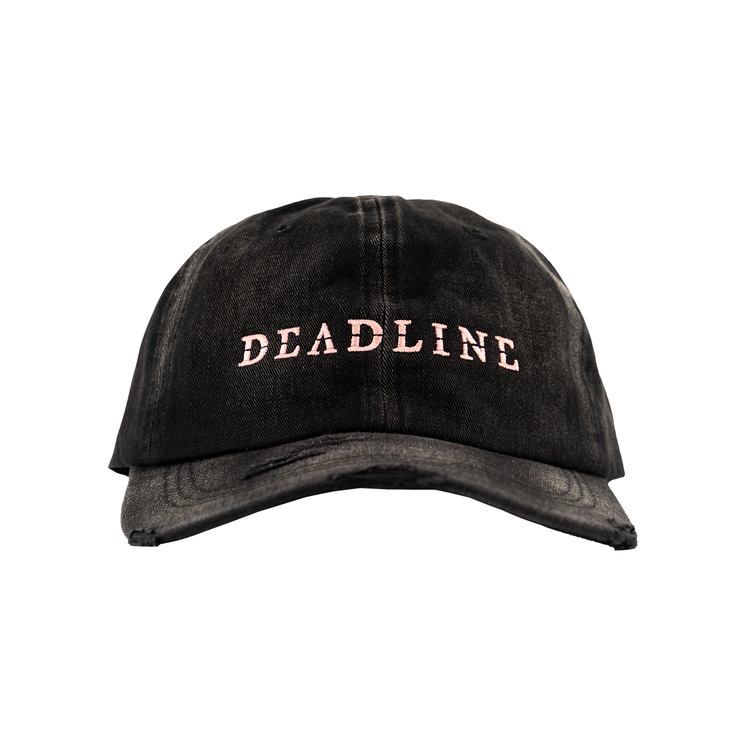 The front of a Black Washed and Distressed cap with 'DEADLINE' embroidered. 