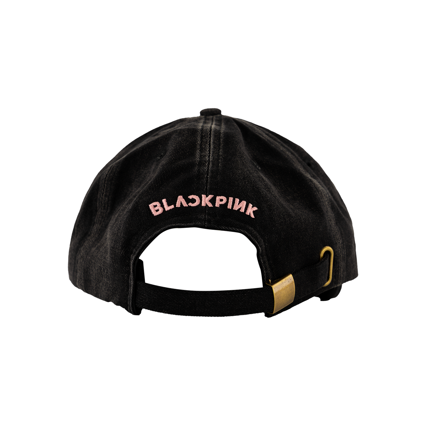 The back of a Black cap with 'BLACKPINK' Pink logo 