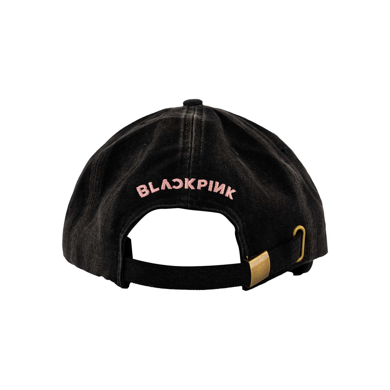 The back of a Black cap with 'BLACKPINK' Pink logo 