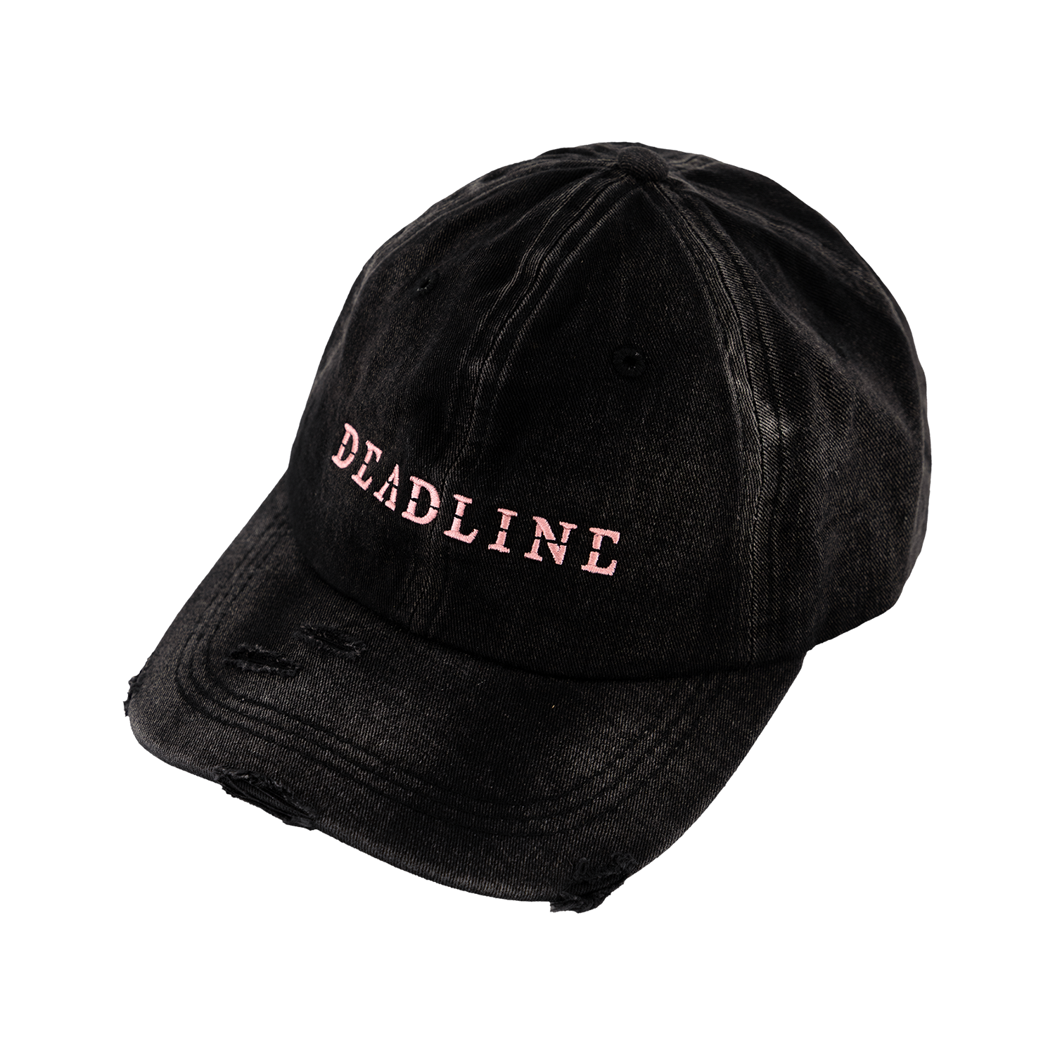 Black Washed and Distressed cap with 'DEADLINE' embroidery. 