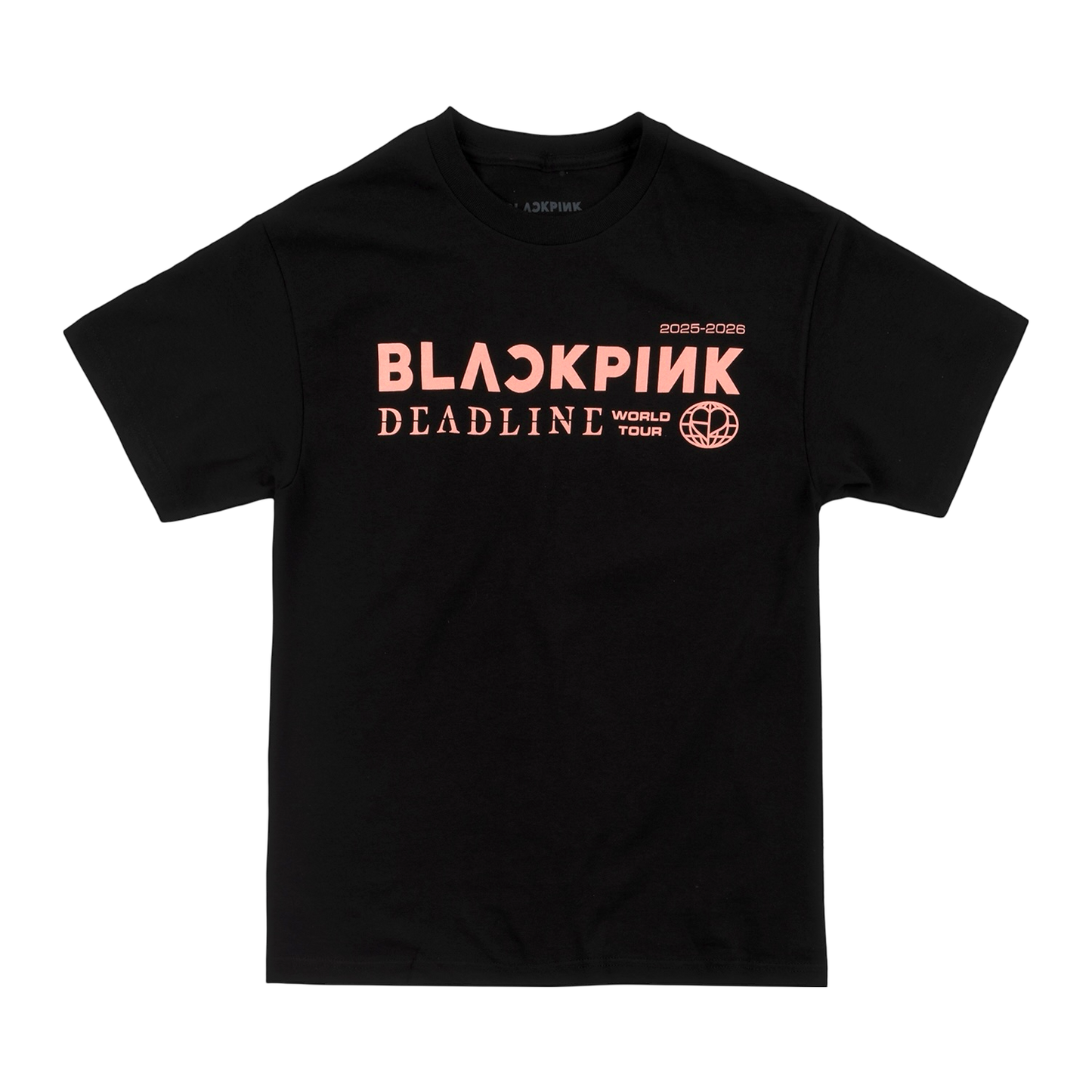 Black t-shirt with 'BLACKPINK' and 'DEADLINE WORLD TOUR' text on the front with a little logo.