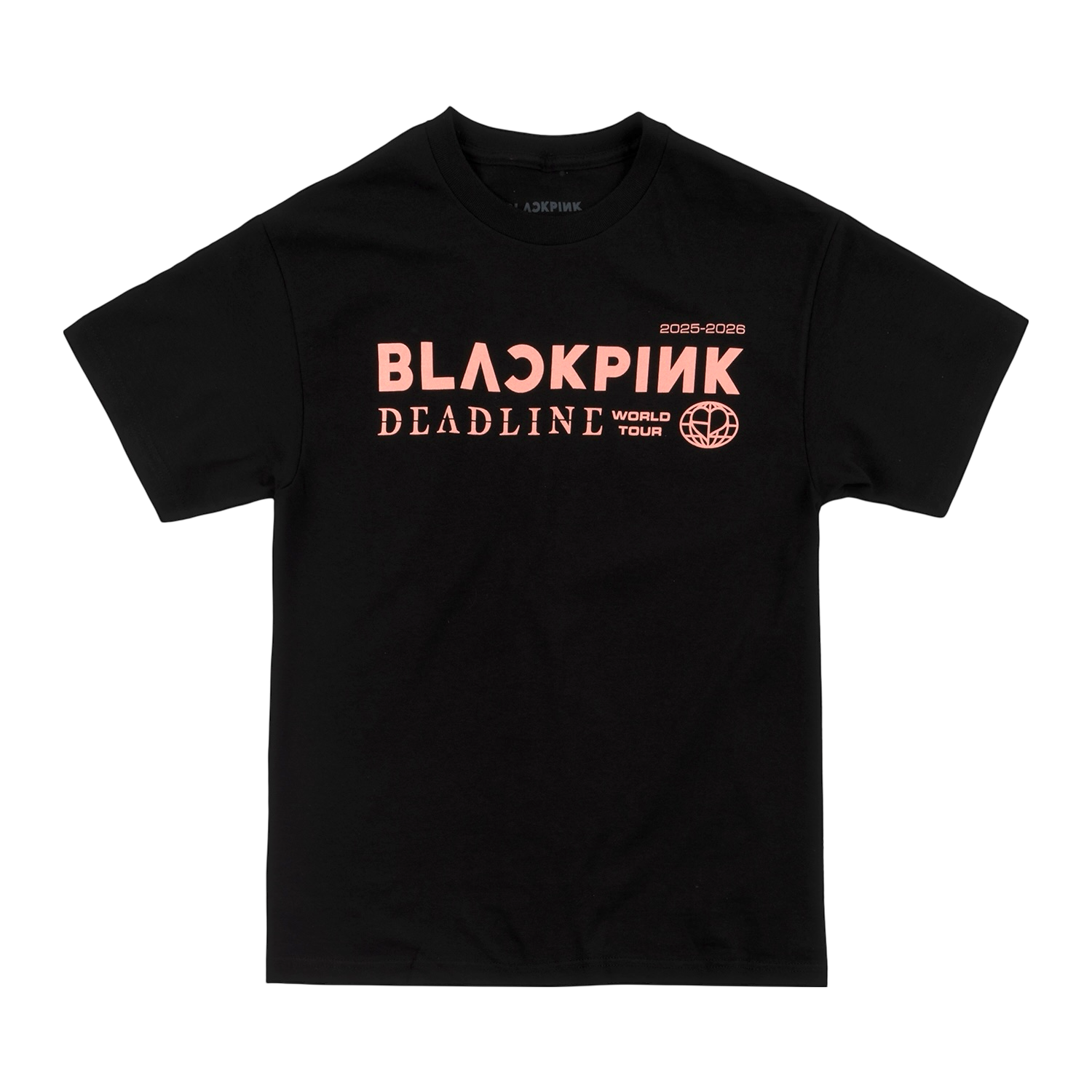 Black t-shirt with 'BLACKPINK' and 'DEADLINE WORLD TOUR' text on the front with a little logo.